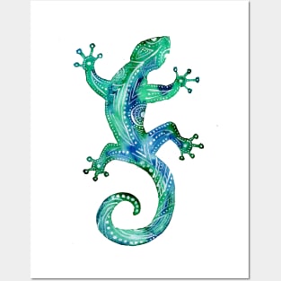 Turquoise Tribal Gecko Posters and Art